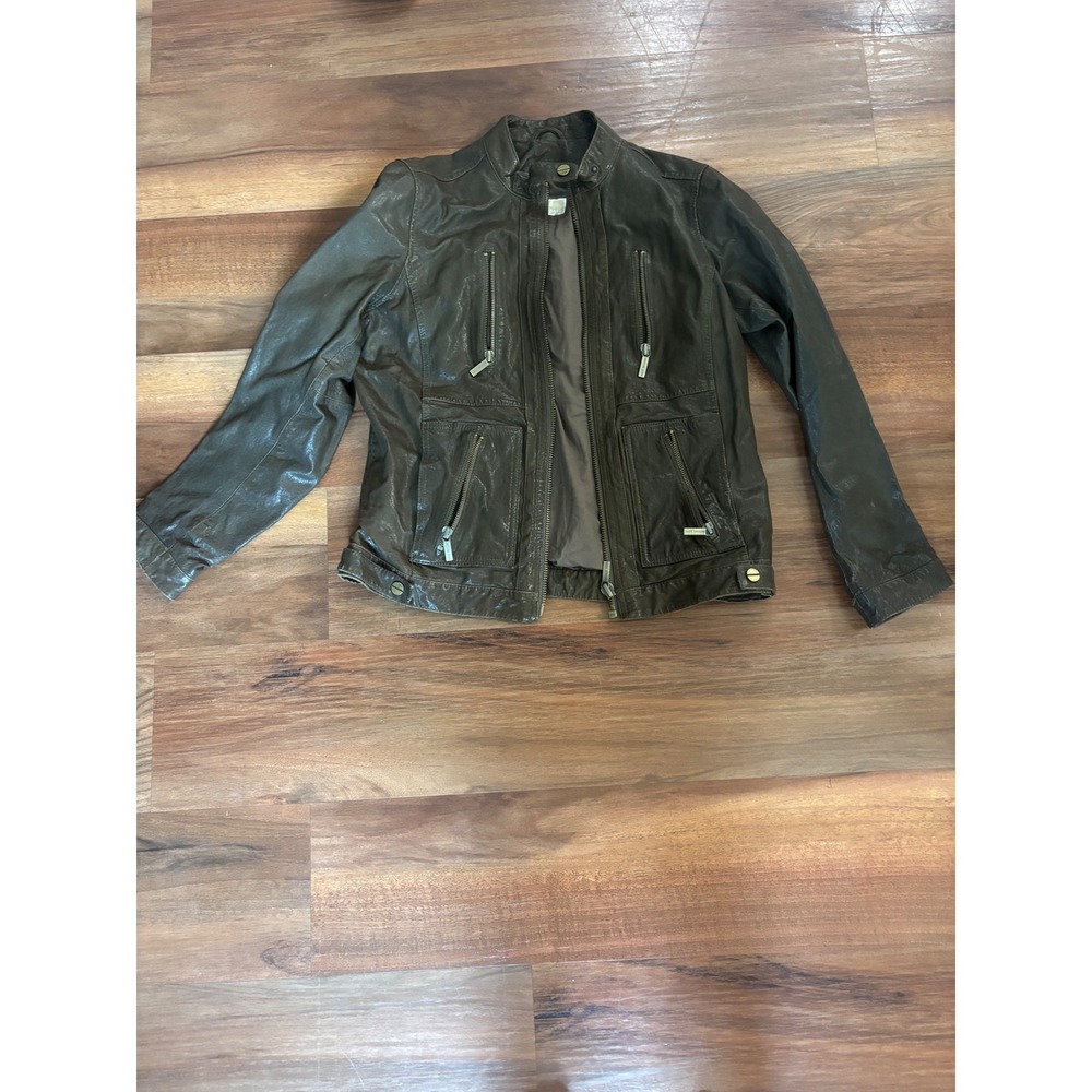 Michael Kors Womens Brown Leather Bomber Jacket Mock Neck Zip Up Pocketed Coat